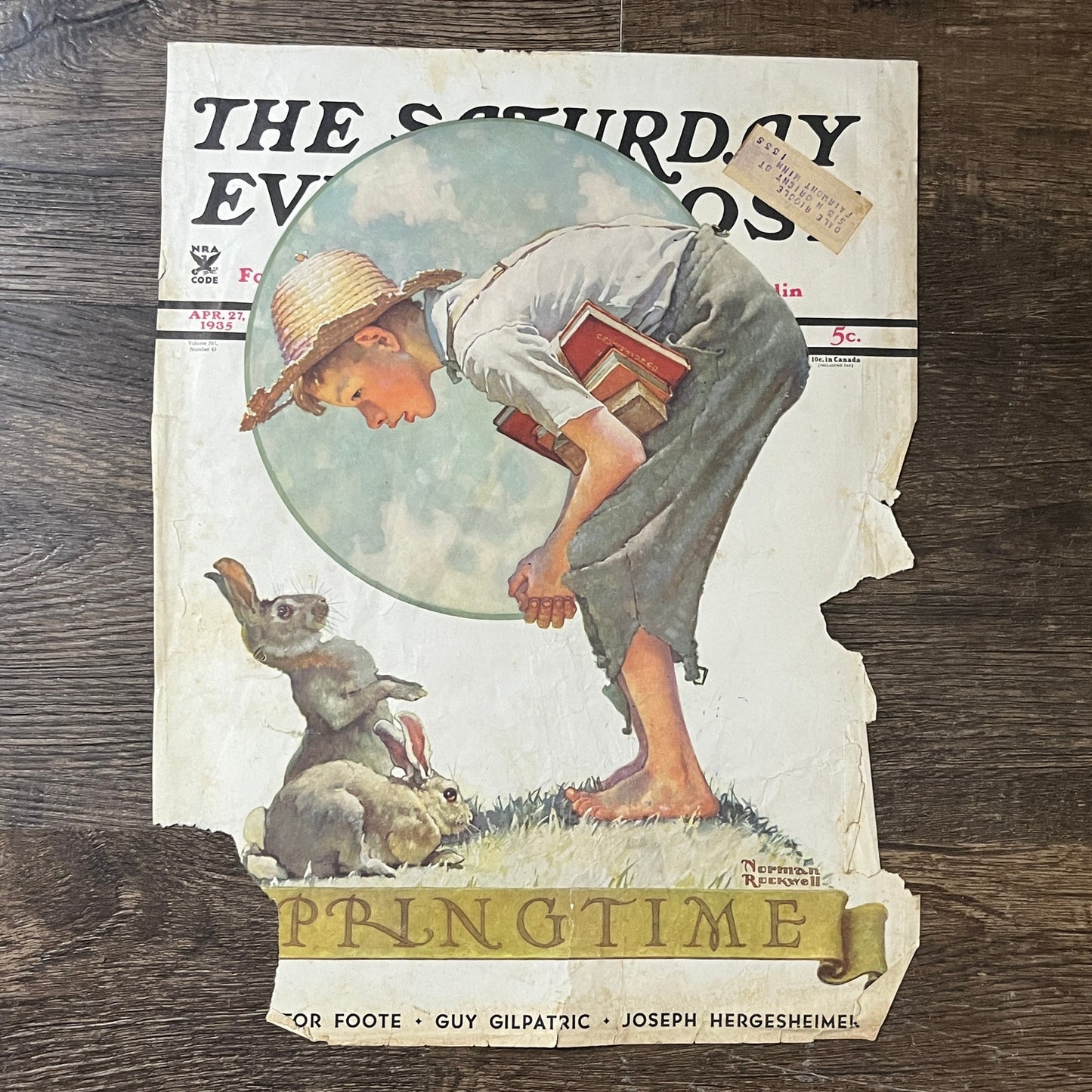 1935 4/27 Saturday Evening Post Cover Only Boy & Bunny Norman Rockwell 10x13 V8