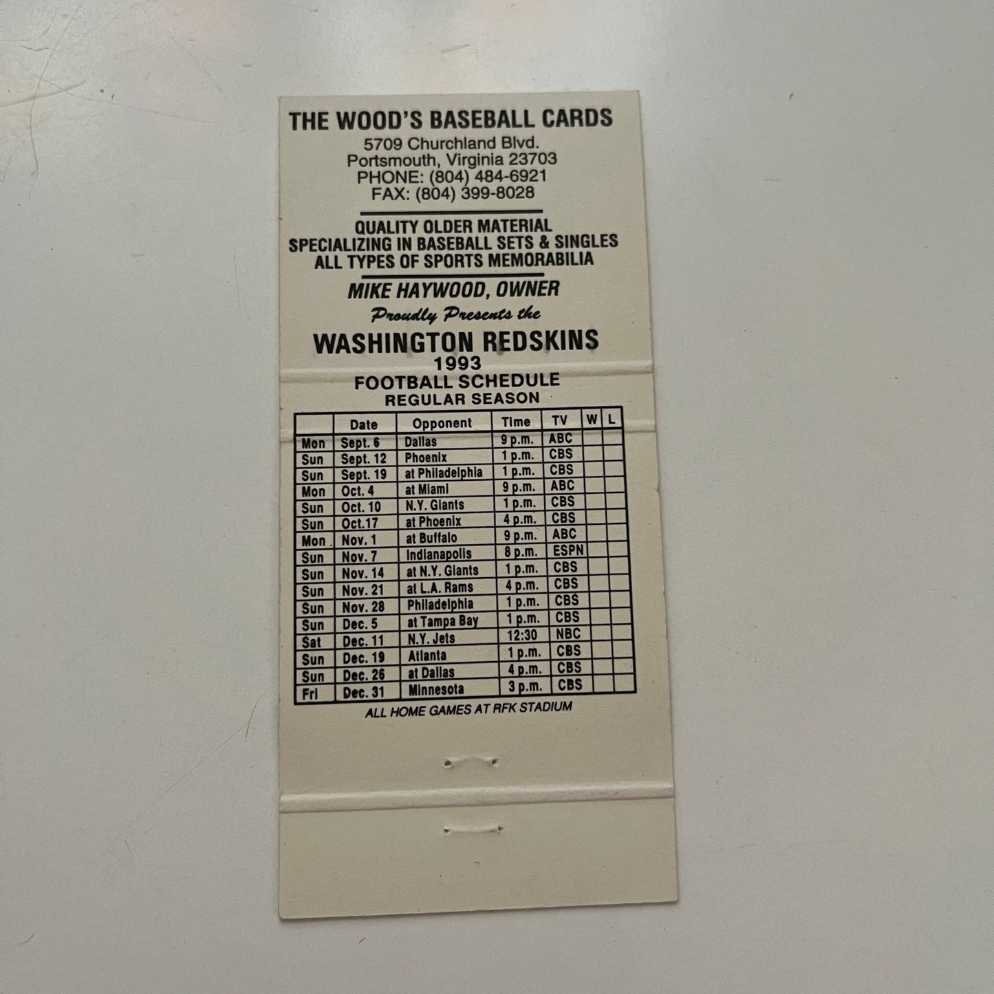Washington Redskins NFL The Woods Baseball Cards 1993 Schedule Matchbook MM6-6