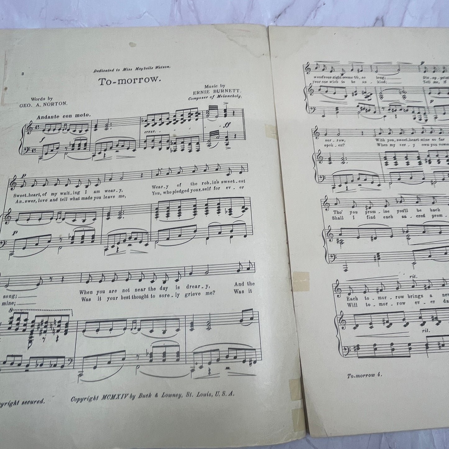 To-Morrow Geo. A. Norton Ernie Burnett 1914 Sheet Music V15
