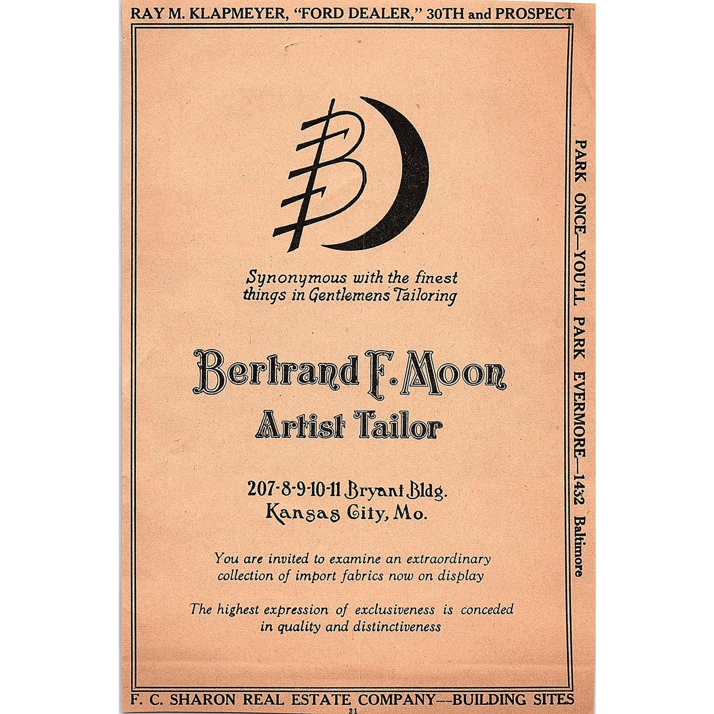 Excelsior Springs Elms Hotel F.F. Hagel, Bertrand F Moon Tailor 1929 Ad AG6-7