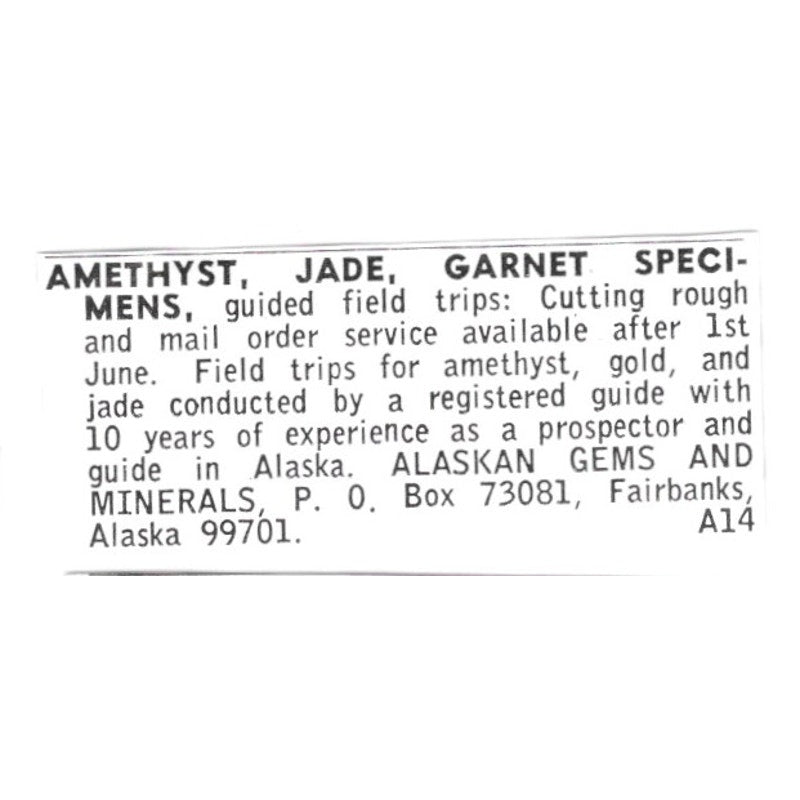 Alaskan Gems and Minerals Amethyst Jade Garnet Fairbanks AK 1972 Ad AF8-S15