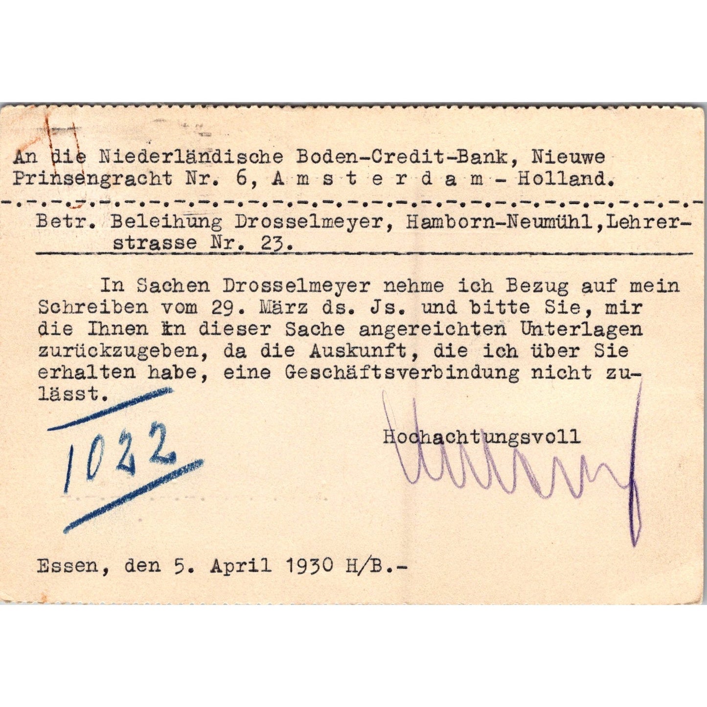 Alb. Hoberg Essen to Amsterdam-Holland 1930 German Reich Postcard TE2-GRP