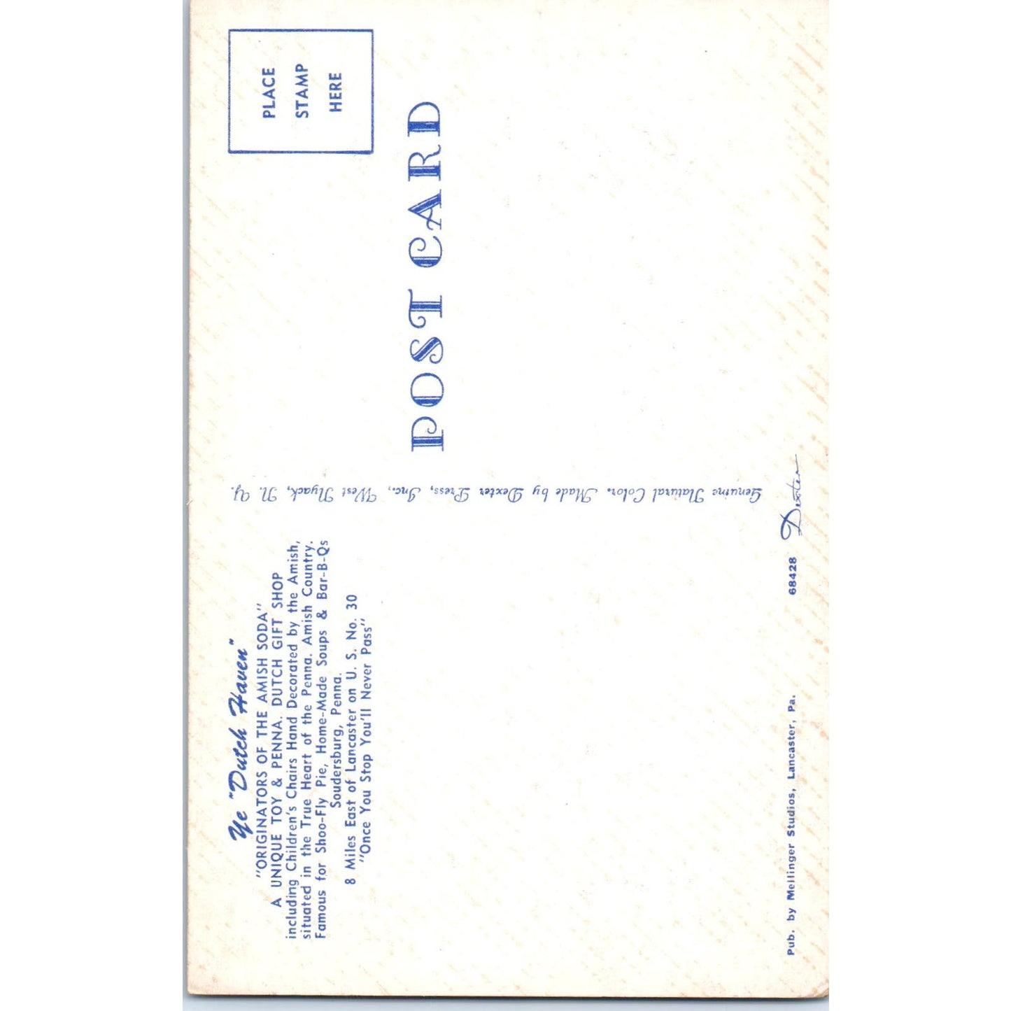 Ye Dutch Haven Amish Soda Gift Shop Pennsylvania Dutch Country Postcard PD7