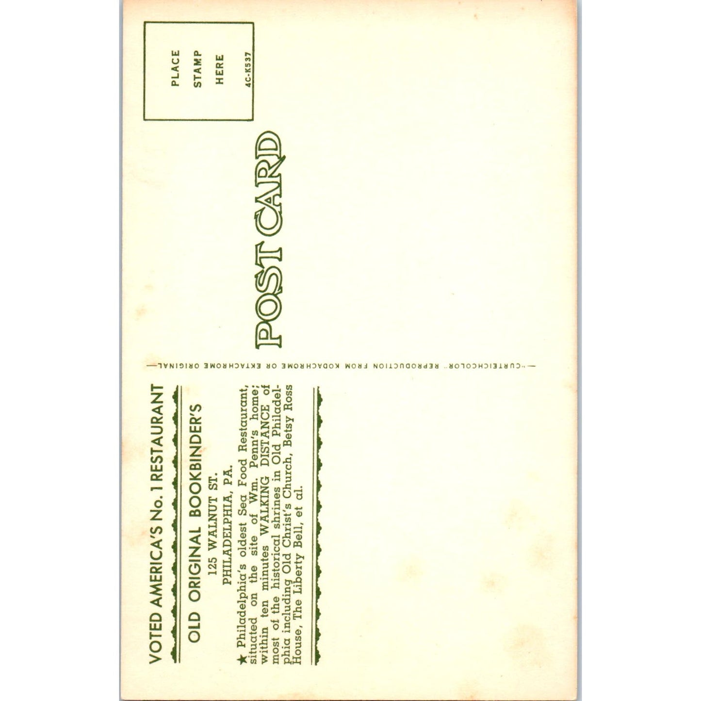 Old Original Bookbinder's Restaurant Philadelphia PA Vintage Postcard PD4