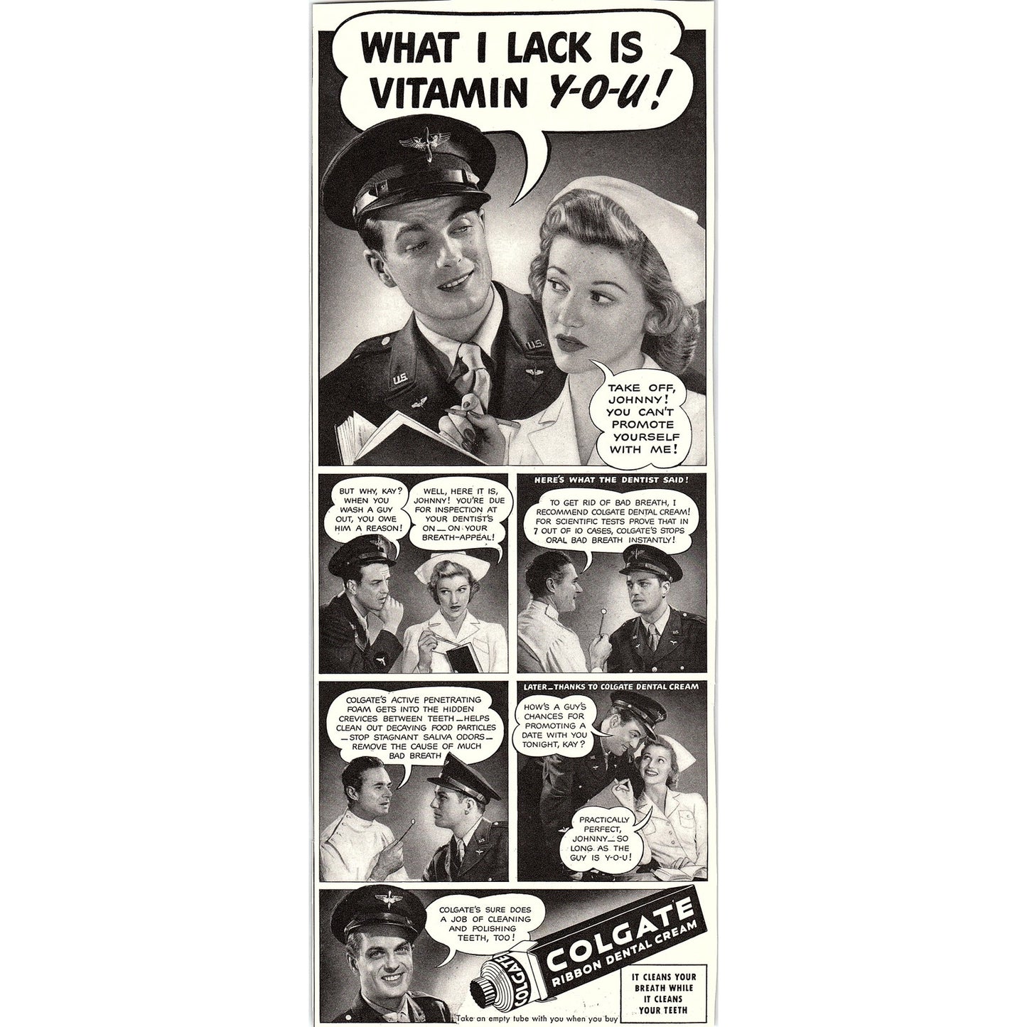 Colgate Ribbon Dental Cream Cleans Your Breath And Teeth 1943 WWII Ad SV1-6