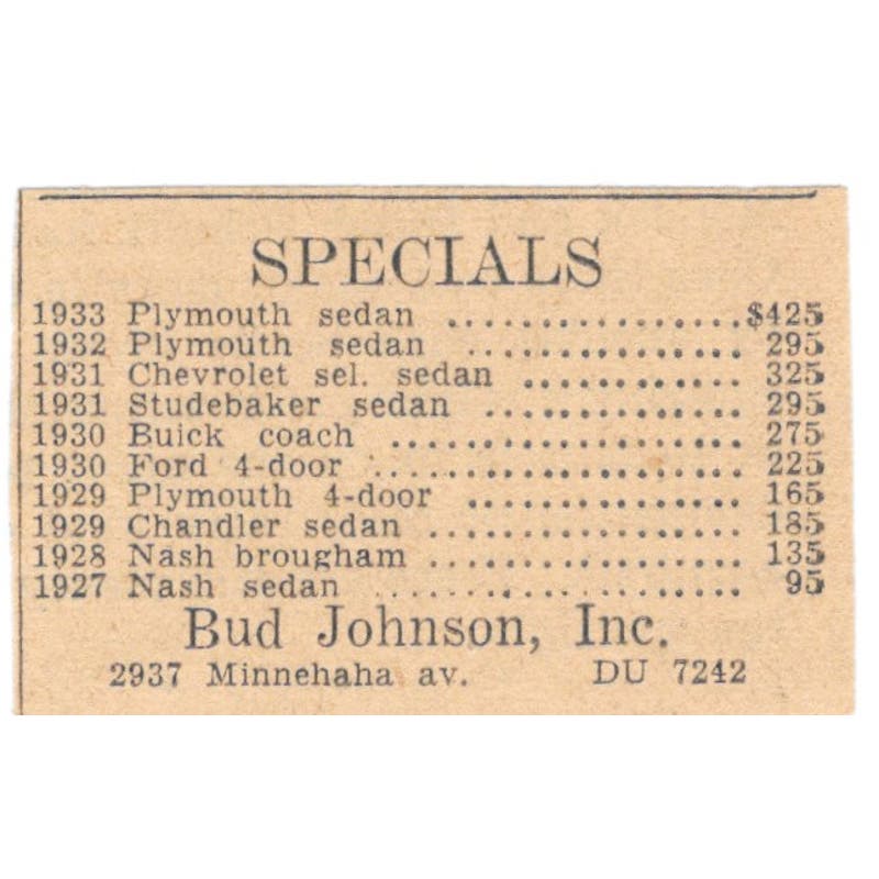 Bud Johnson Auto Sales Minnehaha Ave 1935 Minneapolis Journal Ad AE7-H3