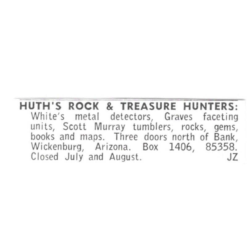 Huth's Rock & Treasure Hunters Wickenburg Arizona 1972 Ad AF8-S22