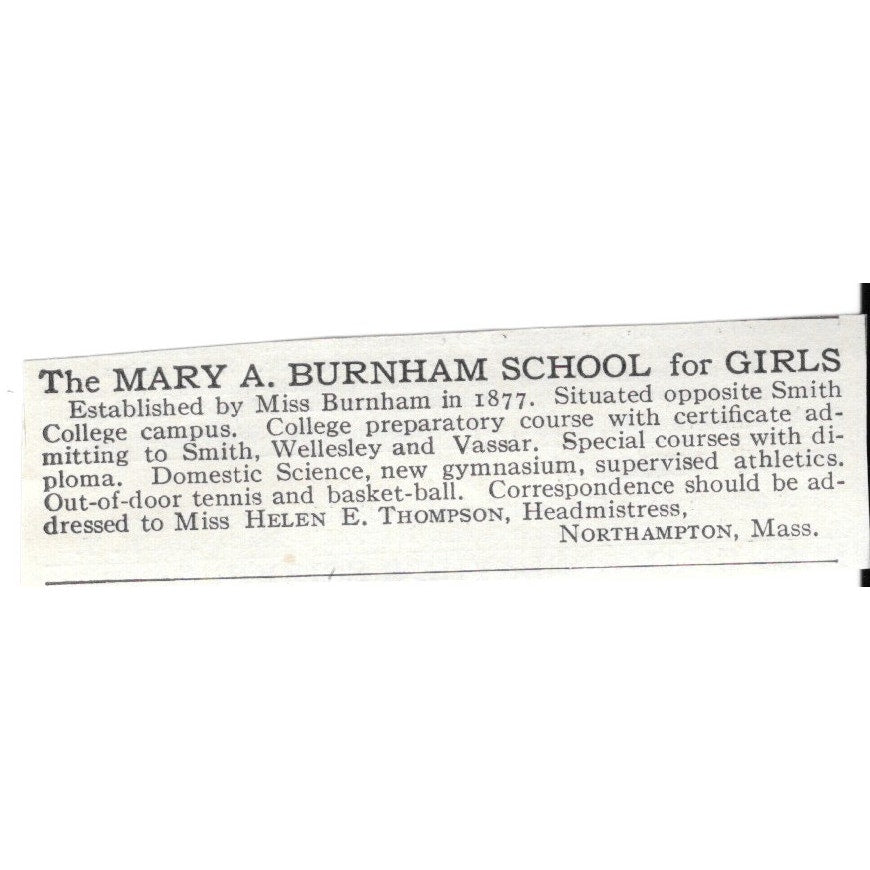 Mary A. Burnham School For Girls Northampton MA Miss H Thompson c1920 Ad AG4-S6