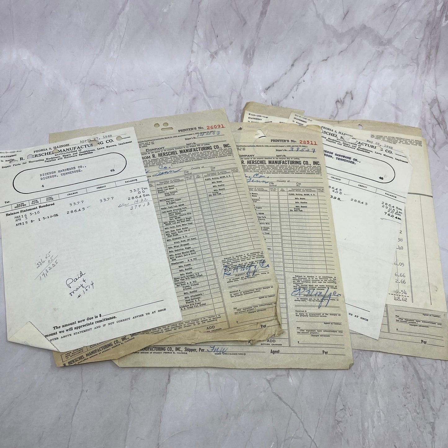 1940s R. Herschel Manufacturing Co Peoria IL Billhead Invoice Lot TC5-RD