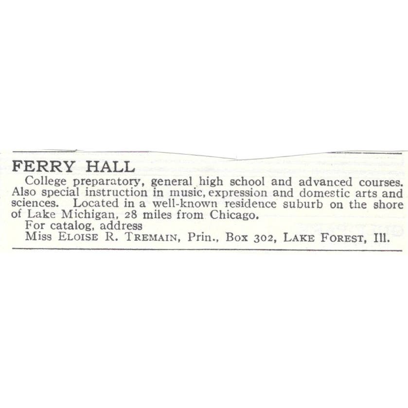 Ferry Hall Prep Eloise R. Tremain Lake Forest IL c1918 Advertisement AE5-SA10