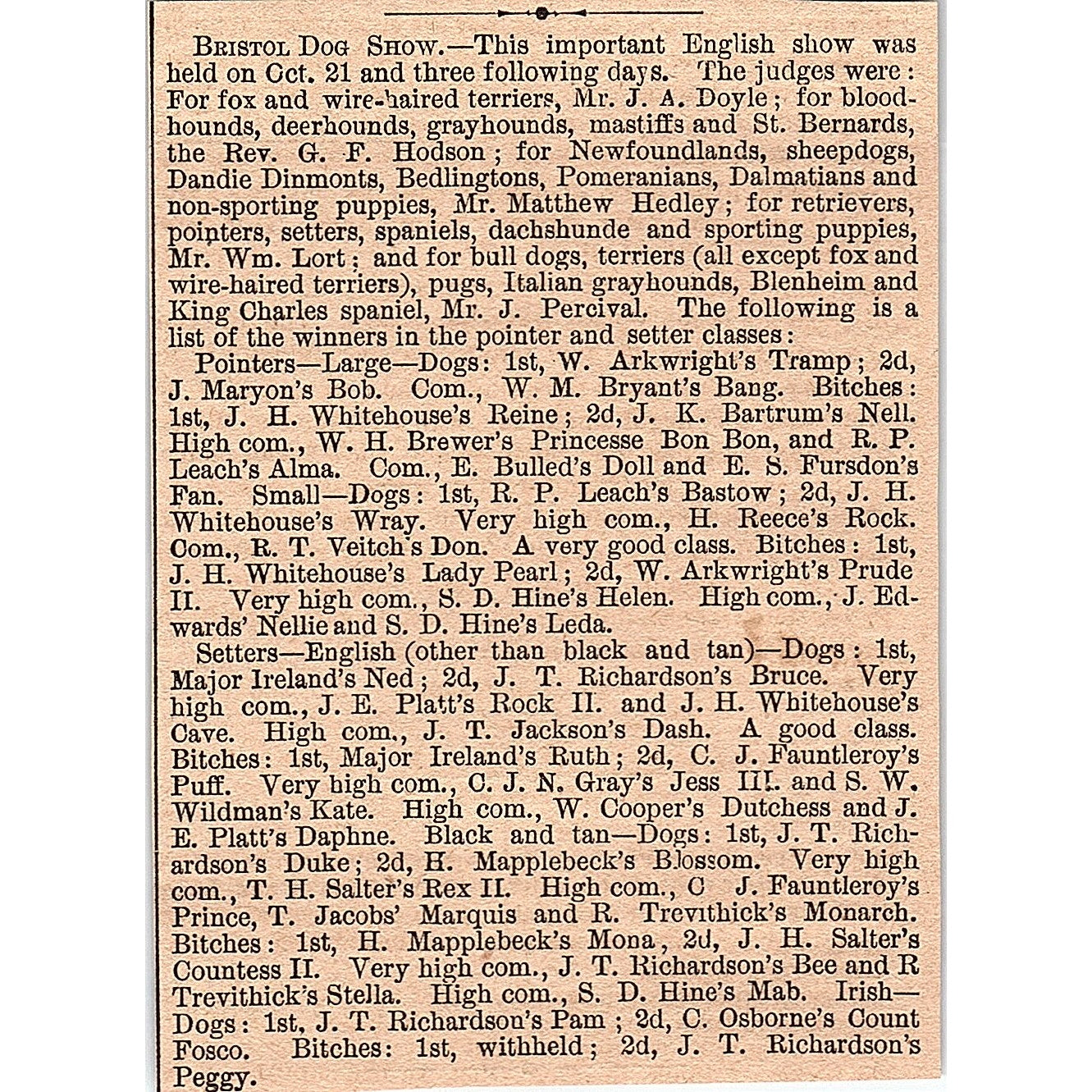 Oct 1878 Bristol Dog Show List of Winners 1878 Article AG2-H3