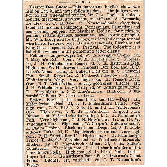 Oct 1878 Bristol Dog Show List of Winners 1878 Article AG2-H3