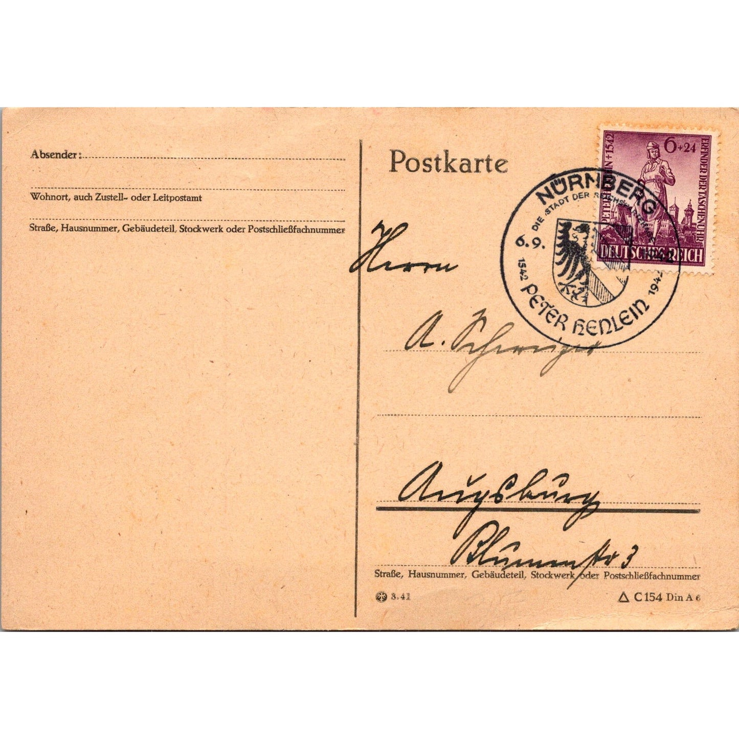 WWII Nürnburg Peter Henlein 1942 German Reich Postcard TE2-GRP