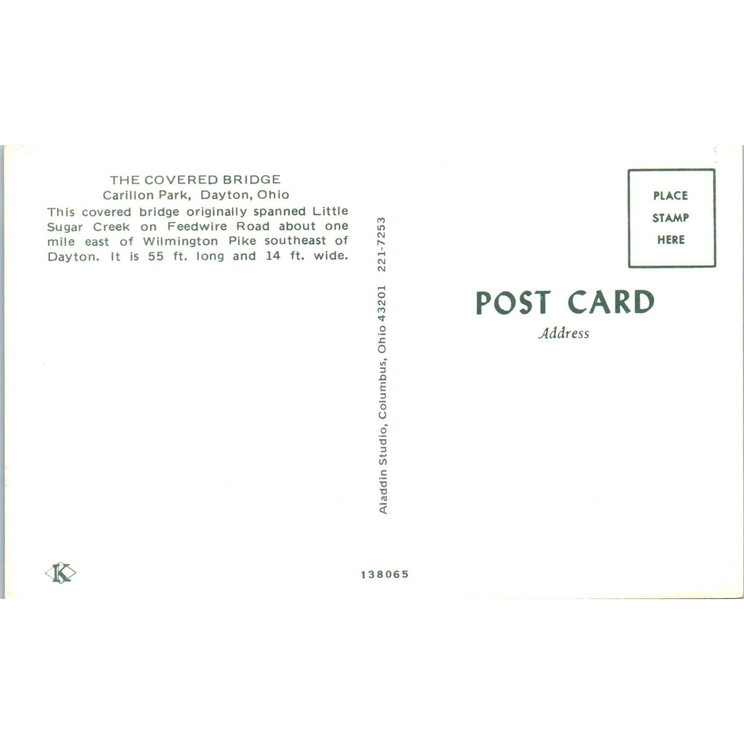 Carillon Park Bridge Sugar Creek Dayton OH Covered Bridge Postcard PC3