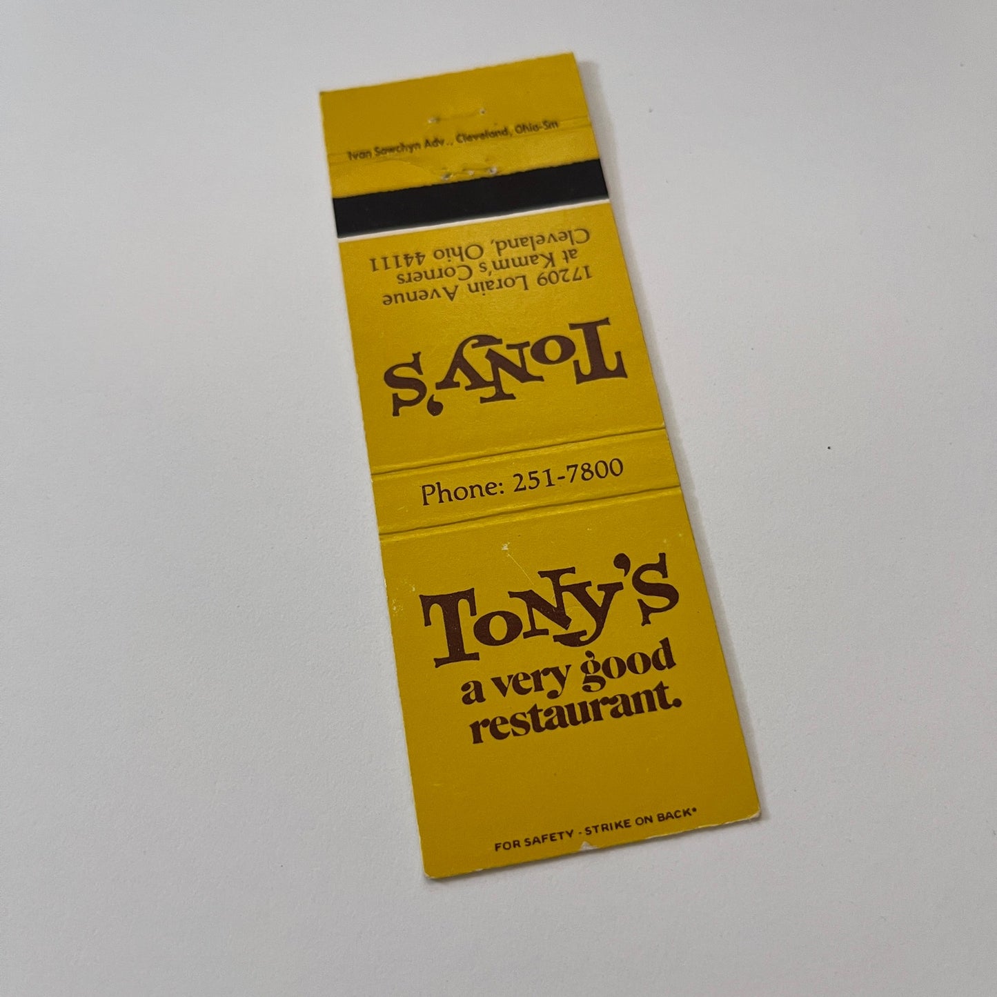 Tony's Restaurant Cleveland Ohio Vintage Matchbook Cover TB6-MB2-1
