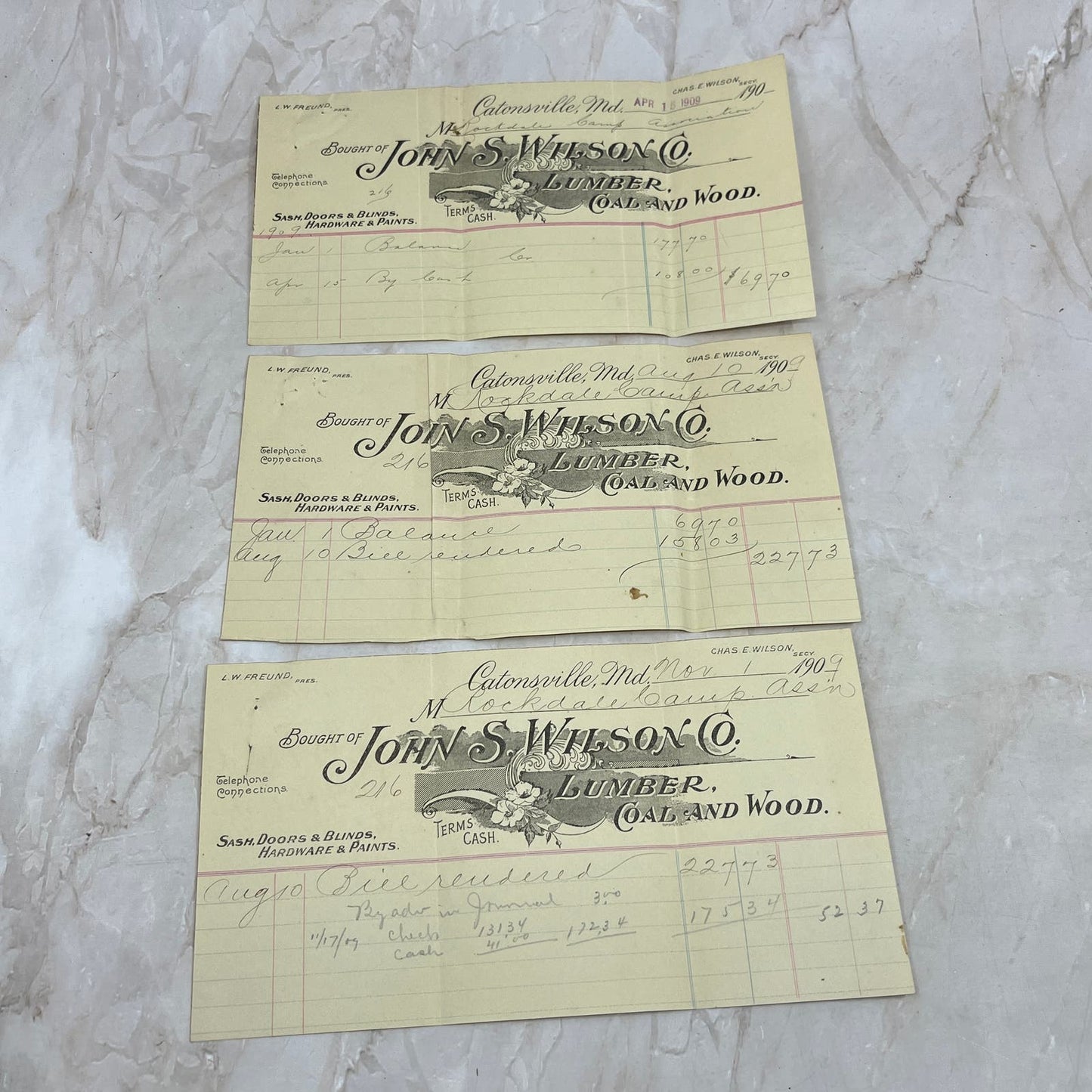 1909 John S. Wilson Co. Lumber Coal Catonsville MD Letterhead Billhead Lot AE5