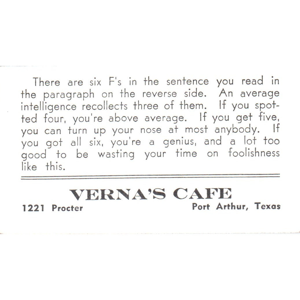 Verna's Cafe Port Arthur Texas Vintage Business Card SD8-B7