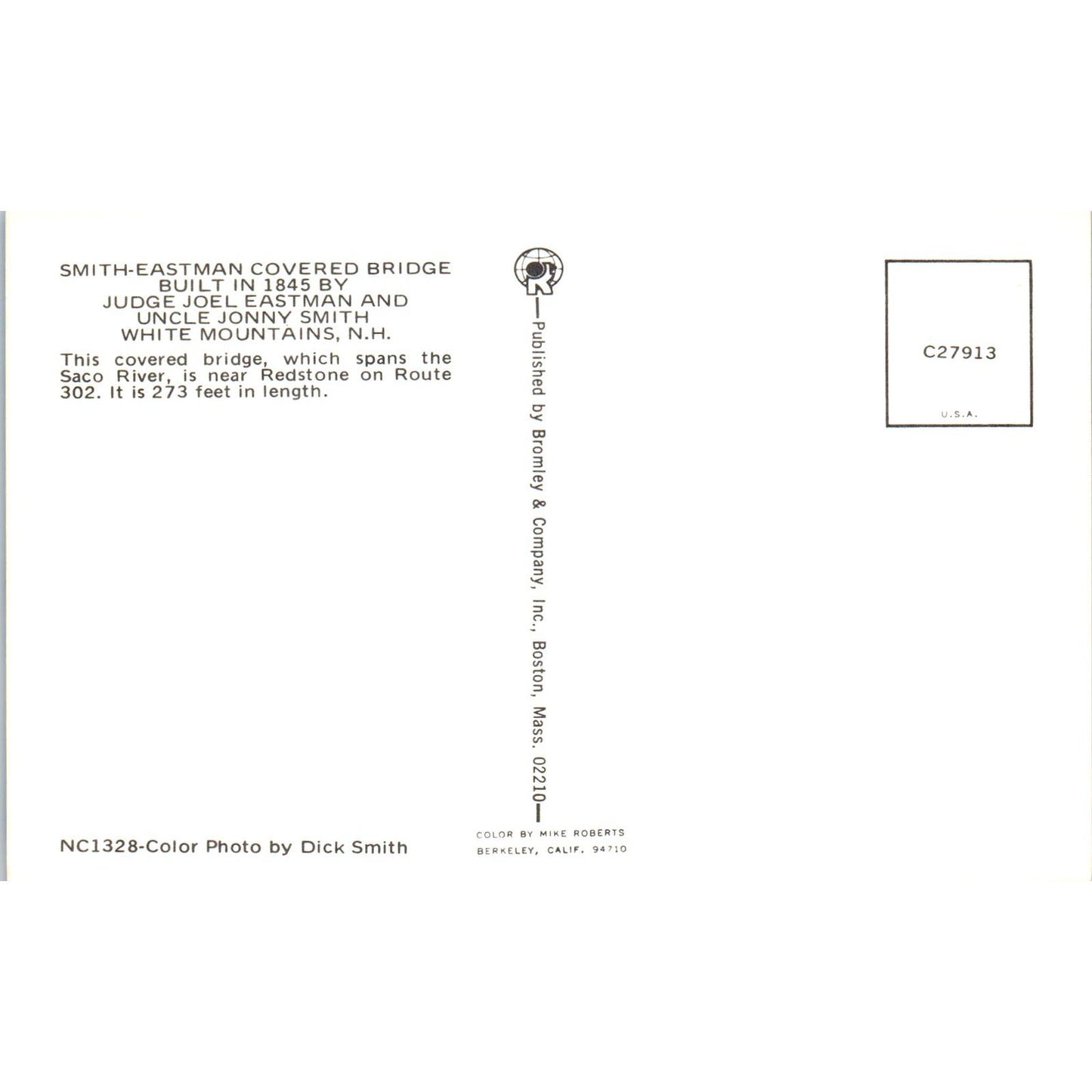 Smith-Eastman Bridge White Mountains New Hampshire Covered Bridge Postcard PB13