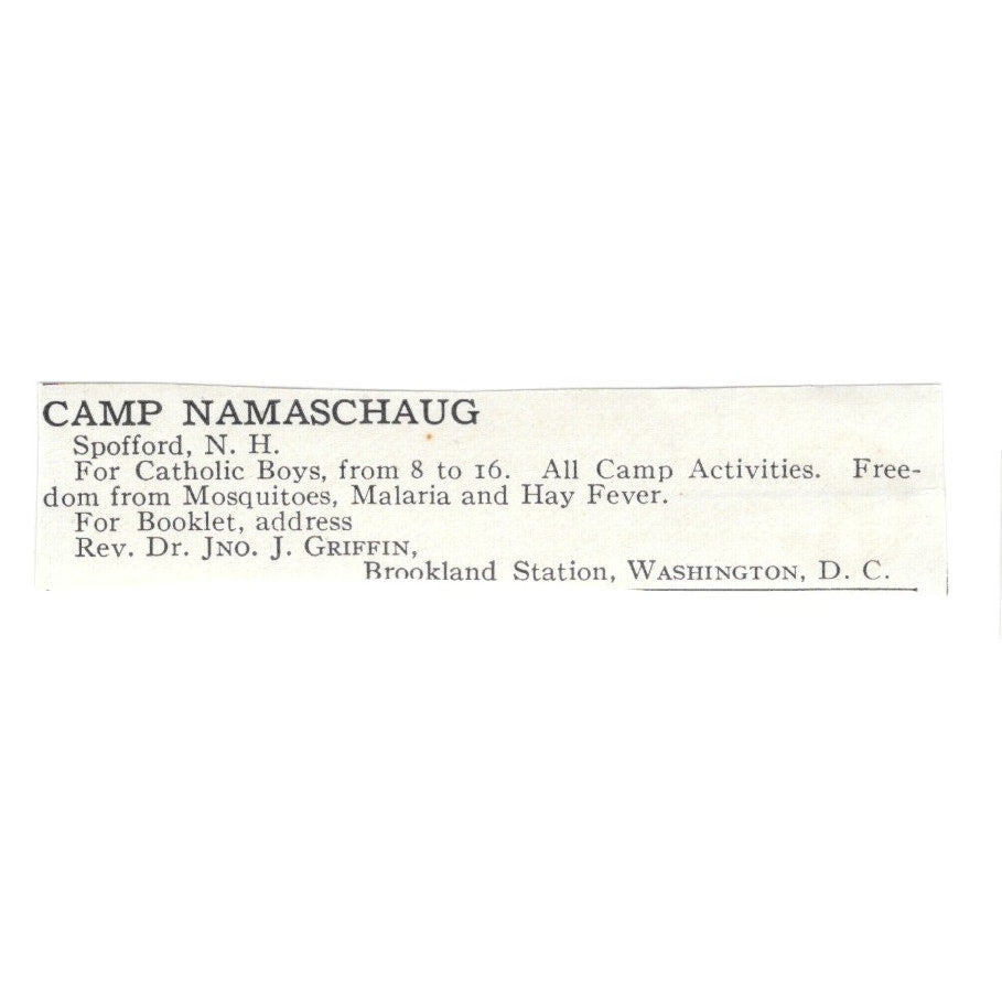 Camp Namaschaug Washington DC Jno J. Griffin c1920 Harper’s Magazine Ad SAG4-S5