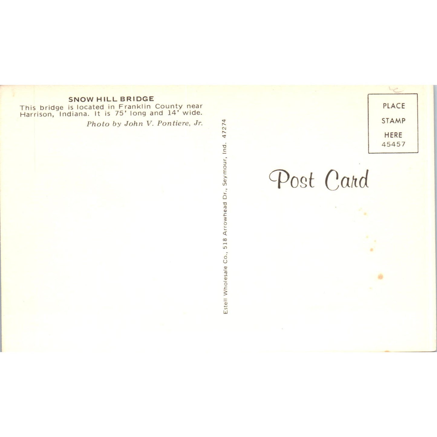 Snow Hill Bridge Harrison Indiana Covered Bridge Postcard PC8