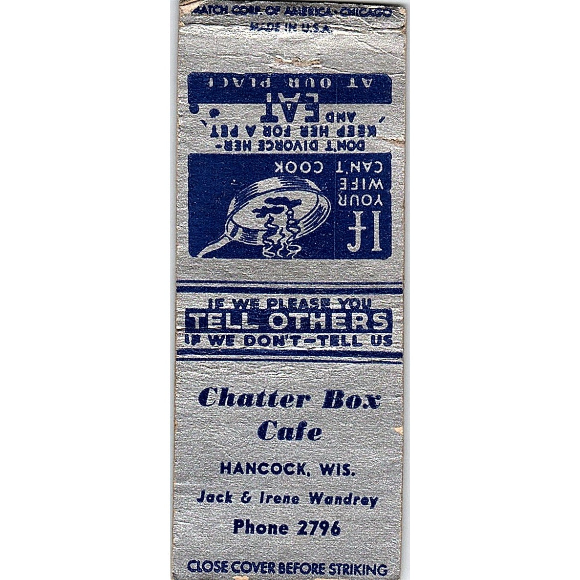 Chatter Box Cafe Hancock WI Jack & Irene Wandrey Vintage Matchbook Cover SC7-Y7