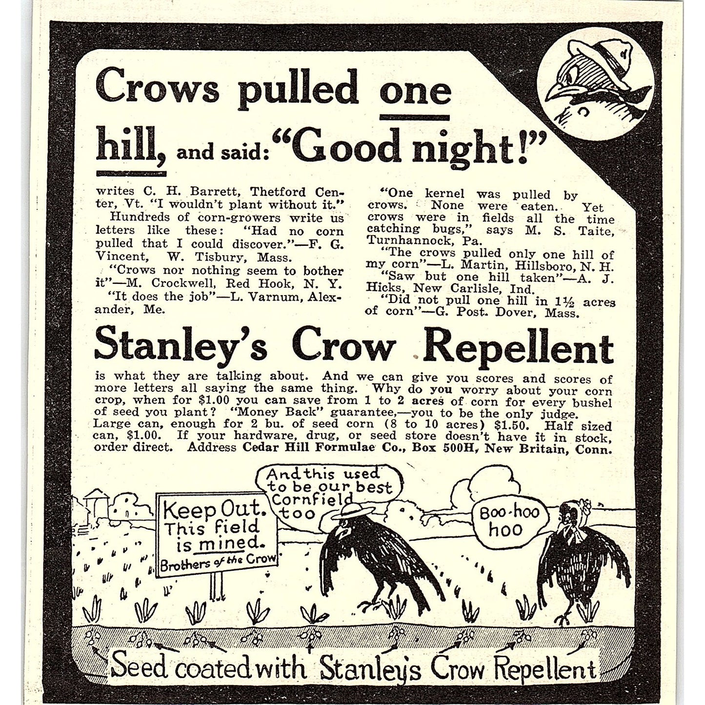 Stanley's Crow Repellent Cedar Hill Formulae Co New Britain CT 1924 Ad AG3-H2
