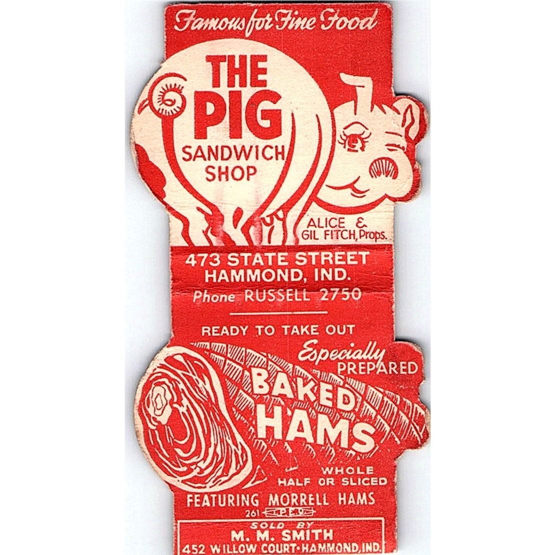 The Pig Sandwich Shop Hammond Indiana Vintage Matchbook Cover ML1-8