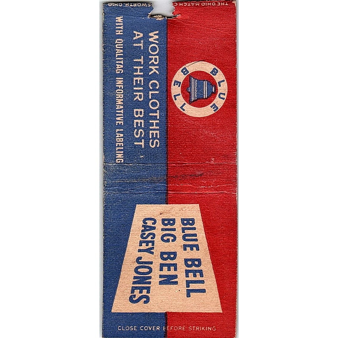 Blue Bell Big Ben Casey Jones Work Clothes Vintage Matchbook Cover SC7-Y6