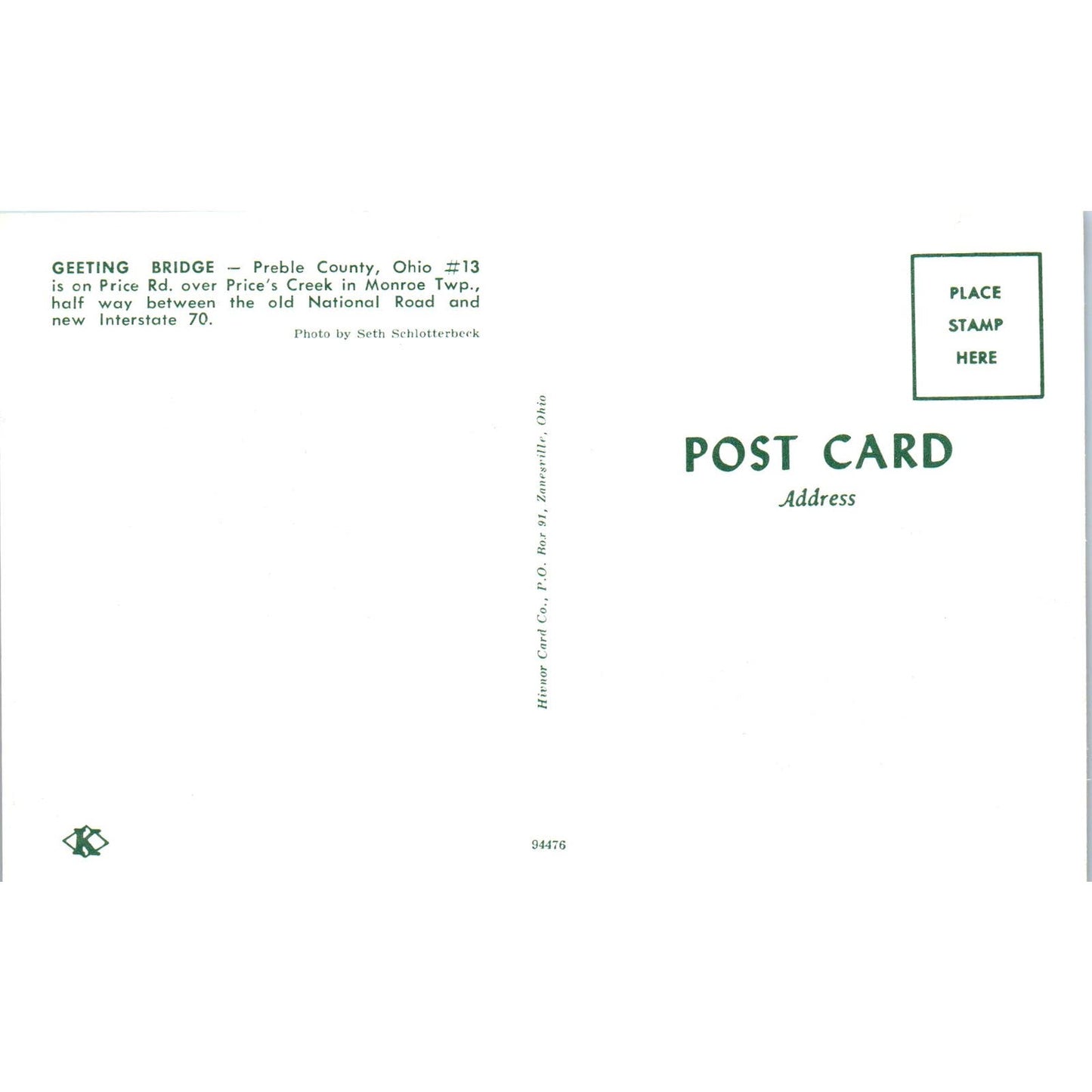 Geeting Bridge Preble County #14 Price's Creek Ohio Covered Bridge Postcard PC3