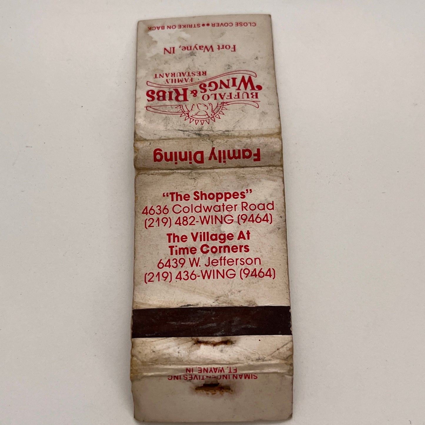 Buffalo Wings & Ribs Family Restaurant Fort Wayne IN Vtg Matchbook TB6-MB2-15