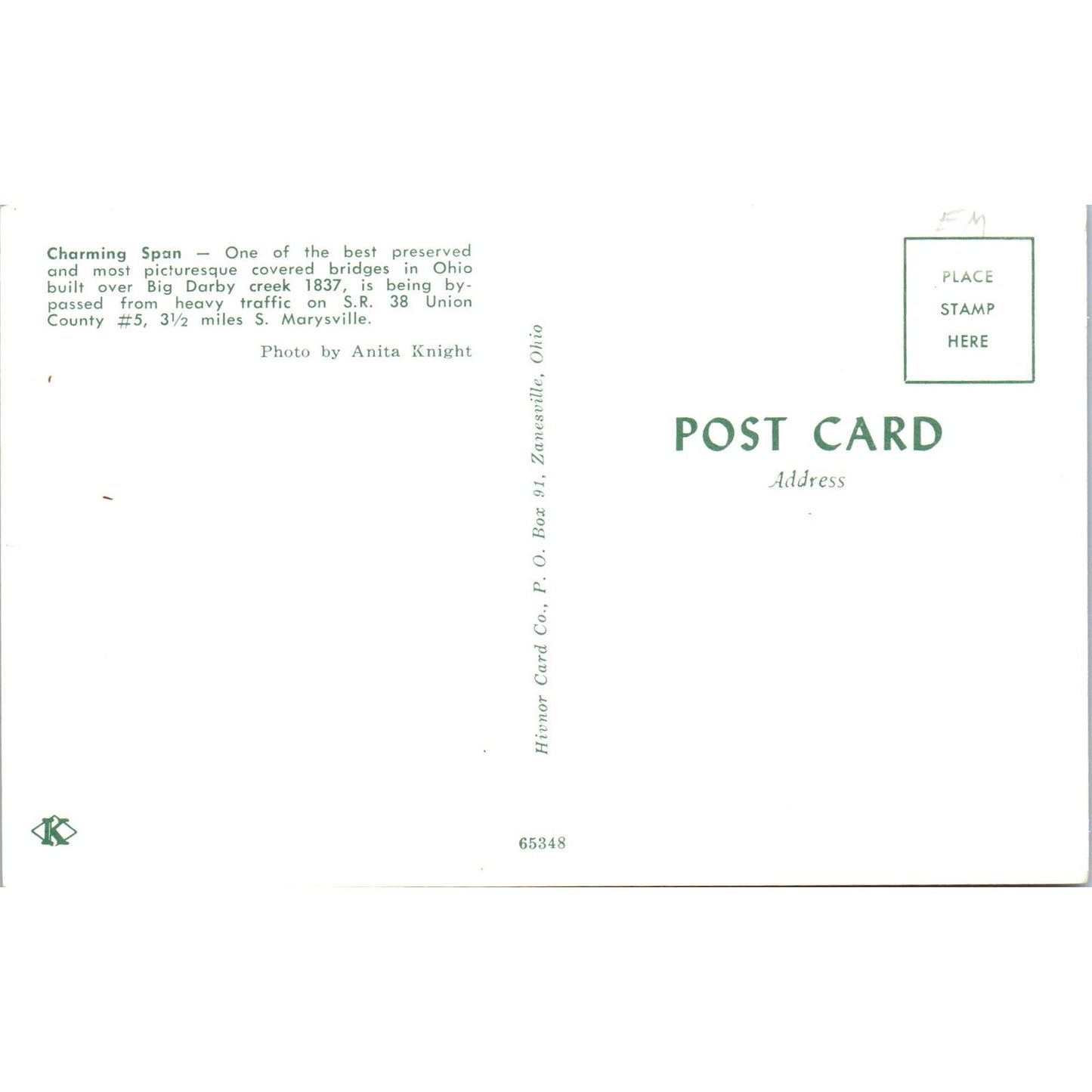 Big Darby Creek Union County Marysville Ohio Covered Bridge Postcard PC2