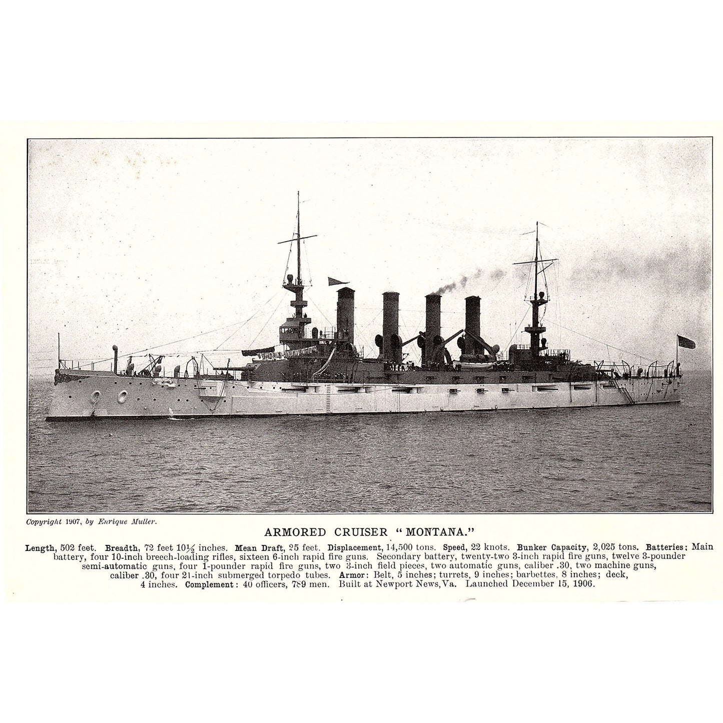 Armored Cruiser Montana & Tennessee Double Sided 1910 Print AF6-19
