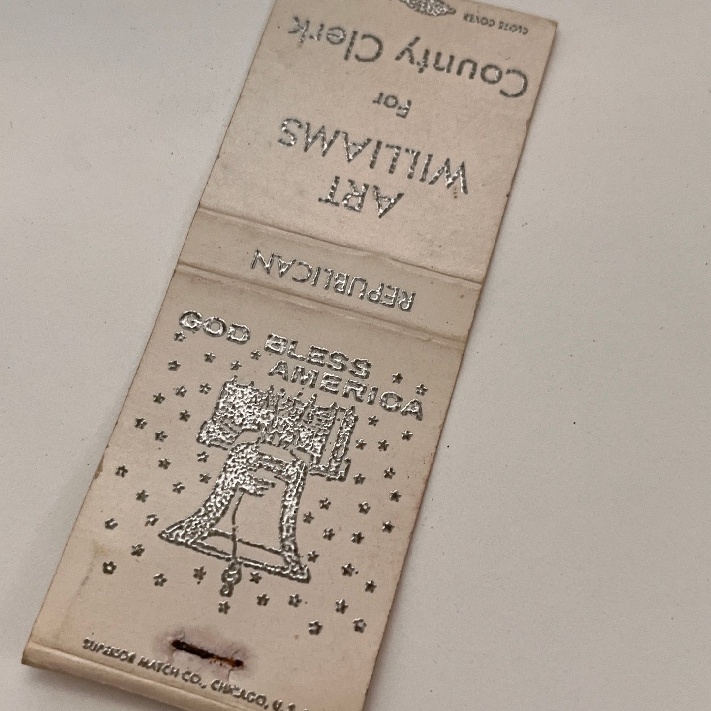 Vote Art Williams for County Clerk Republican Vintage Matchbook TB6-MB2-15