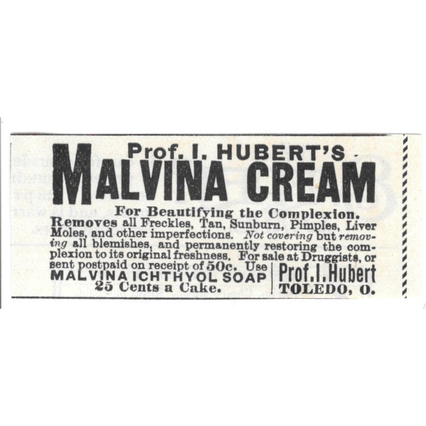 Prof. I. Hubert Malvina Cream Malvina Ichthyol Soap Toledo OH 1892 Ad AG2-S22