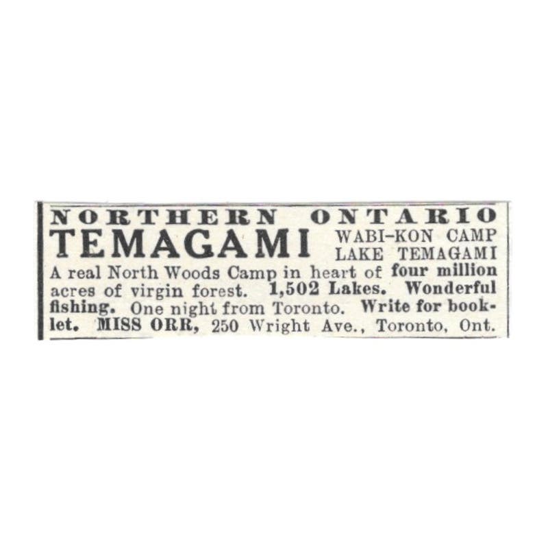 Temagami Ontario Wabi-Kon Camp Miss Orr c1918 Original Advertisement AE5-SV6