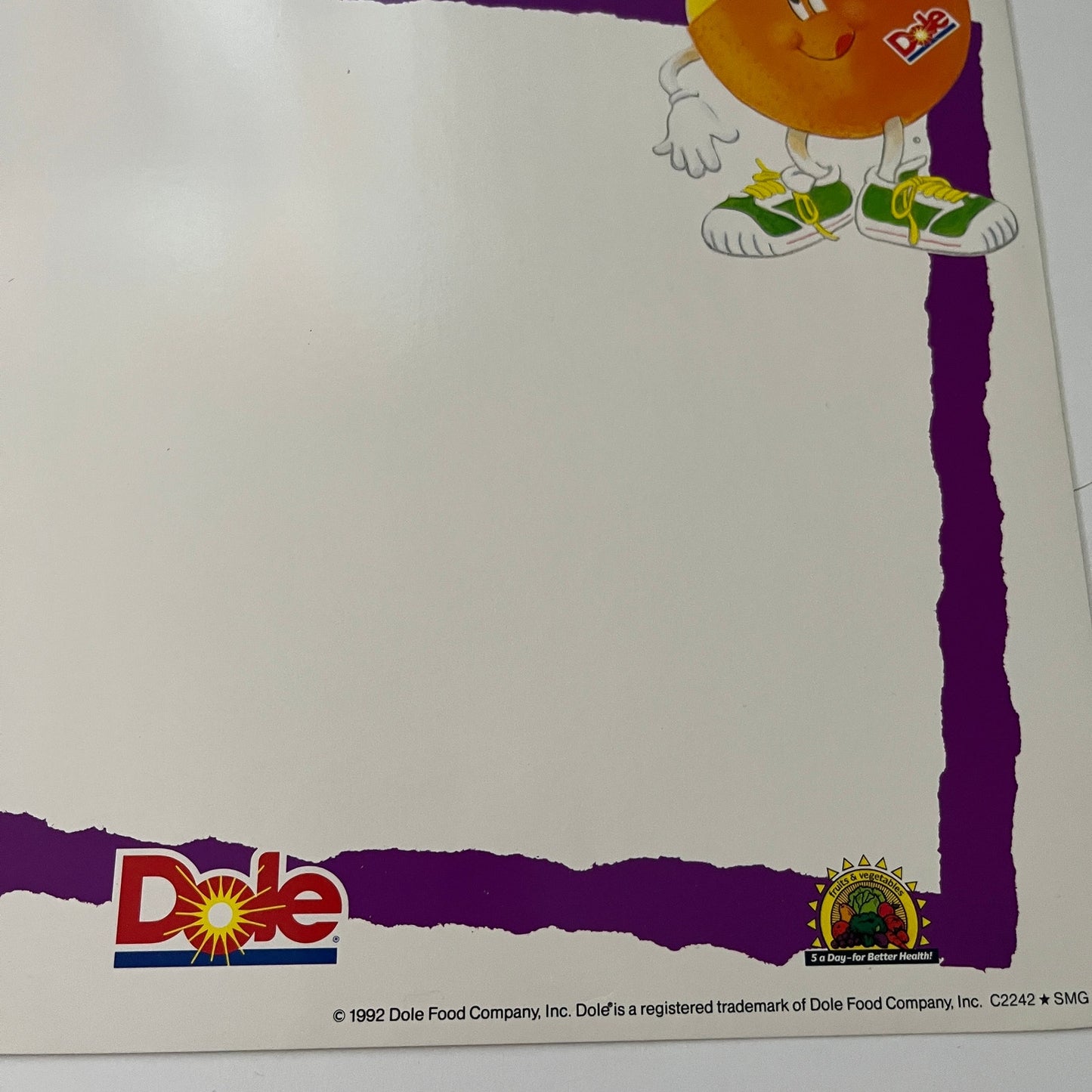 Original 1992 Dole 5 A Day Fruits, Veggies Advertising Store Display Sign 11x14"