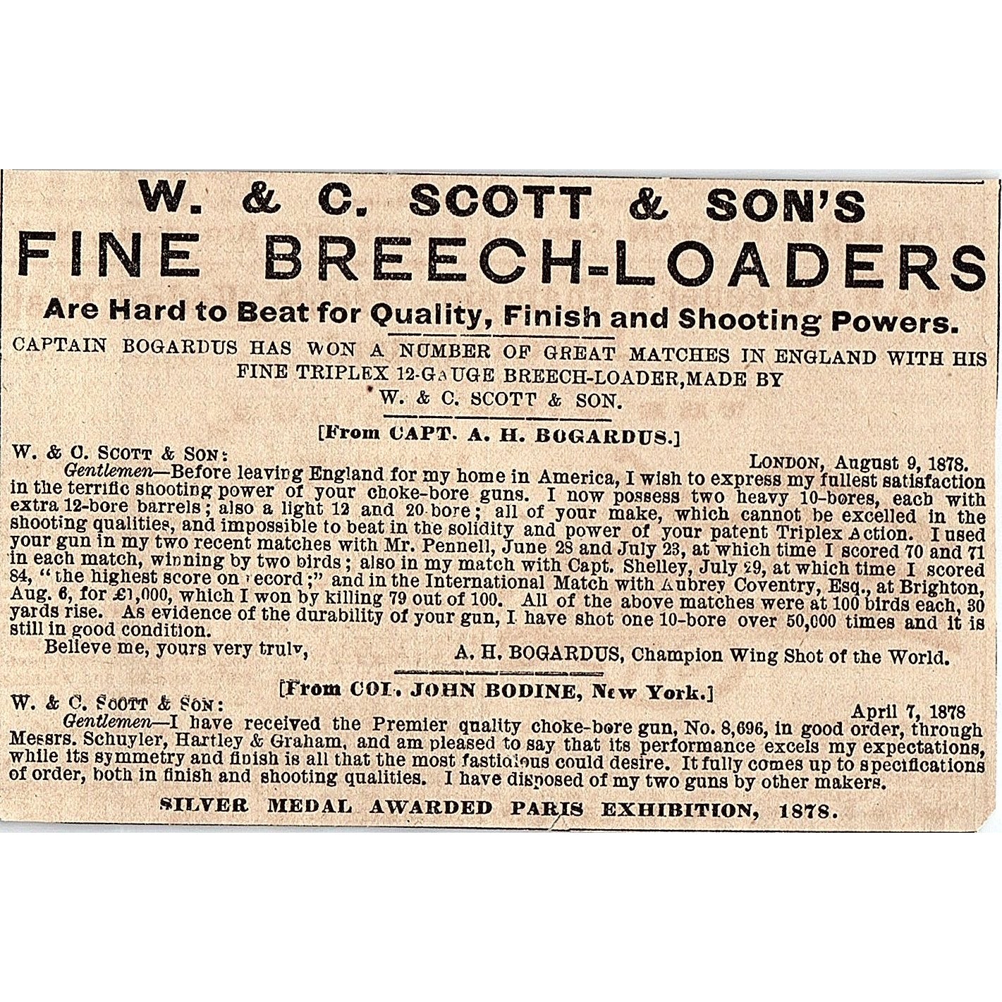 W&C Scott & Son's Fine Breech-Loaders A.H. Bogardus John Bodine 1878 Ad AG2-H4