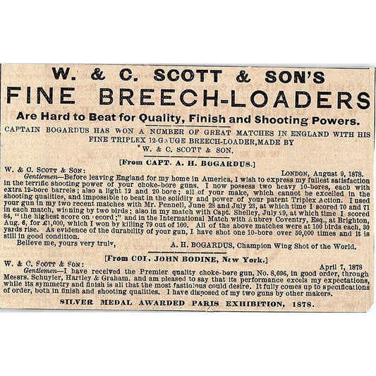 W&C Scott & Son's Fine Breech-Loaders A.H. Bogardus John Bodine 1878 Ad AG2-H4