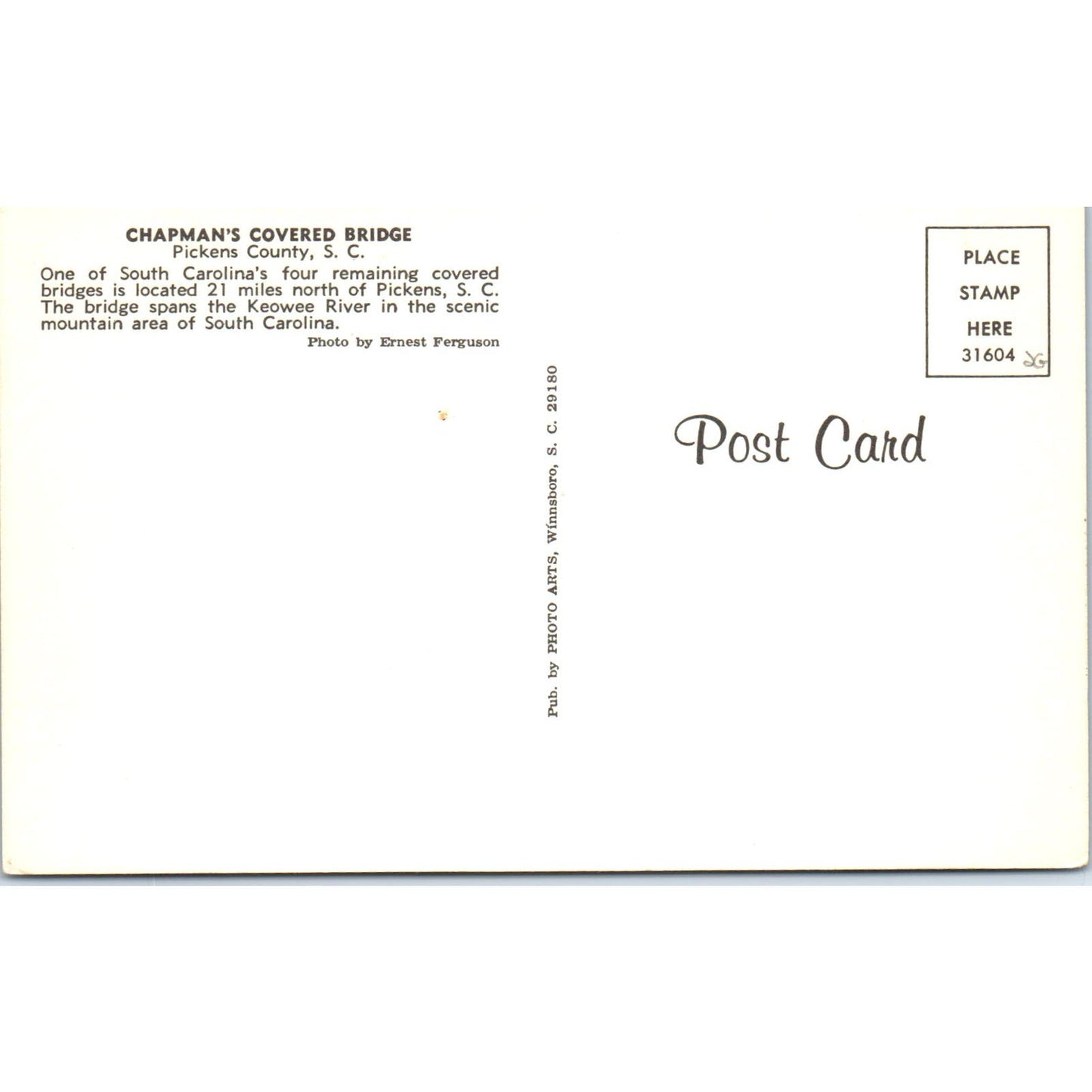 Pickens SC Keowee River Chapman's Covered Bridge Postcard PB10