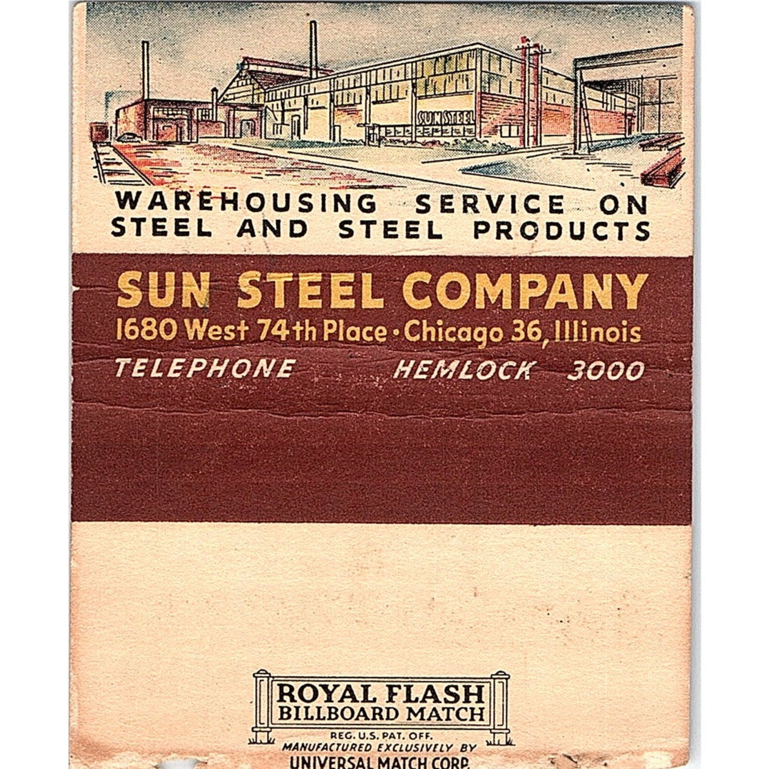 Sun Steel Co Chicago IL Vintage Large Matchbook Cover TH2-Y2