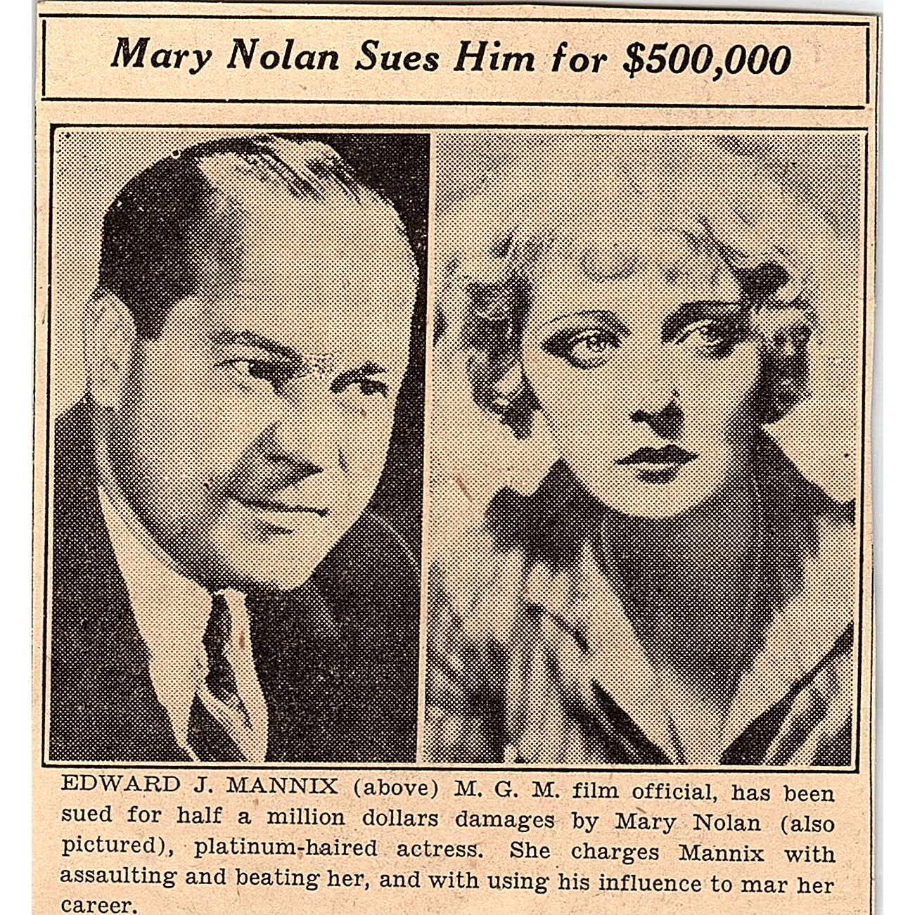 Mary Nolan Sues Edward J Mannix MGM Films 1935 Newspaper Article AG6-H2