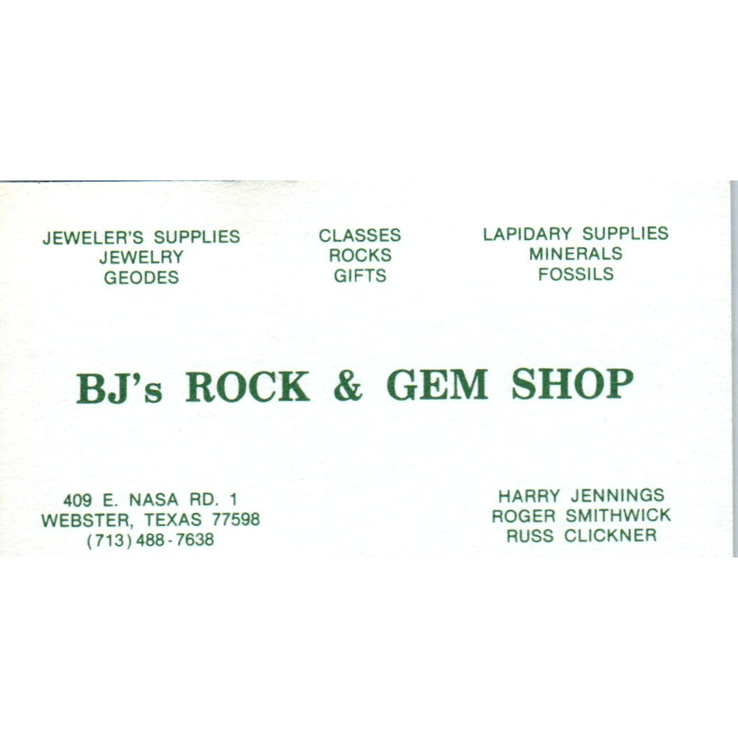 BJ's Rock & Gem Shop, Clear Lake Coins & Stamps Webster TX Business Card SD8-B6