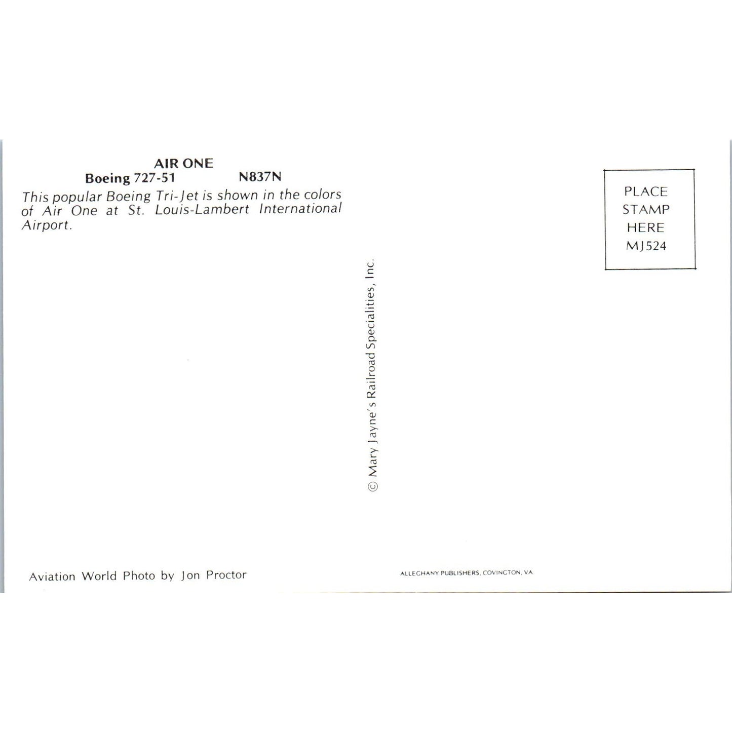 Air One Boeing 727-51 N837N Vintage Postcard PC3