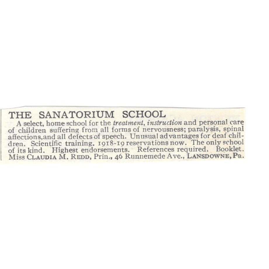 The Sanatorium School Lansdowne PA Ms. Claudia M. Redd c1920 Magazine Ad SAG4-S3