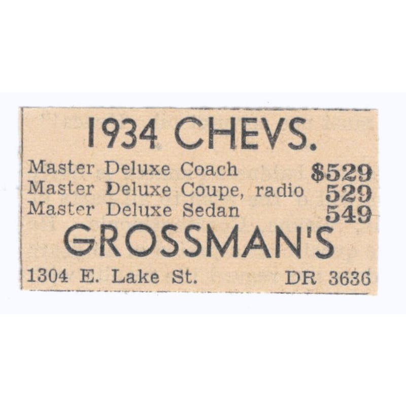 1934 Chevrolets Grossman's East Lake Street 1935 Minneapolis Journal Ad AE7-H3
