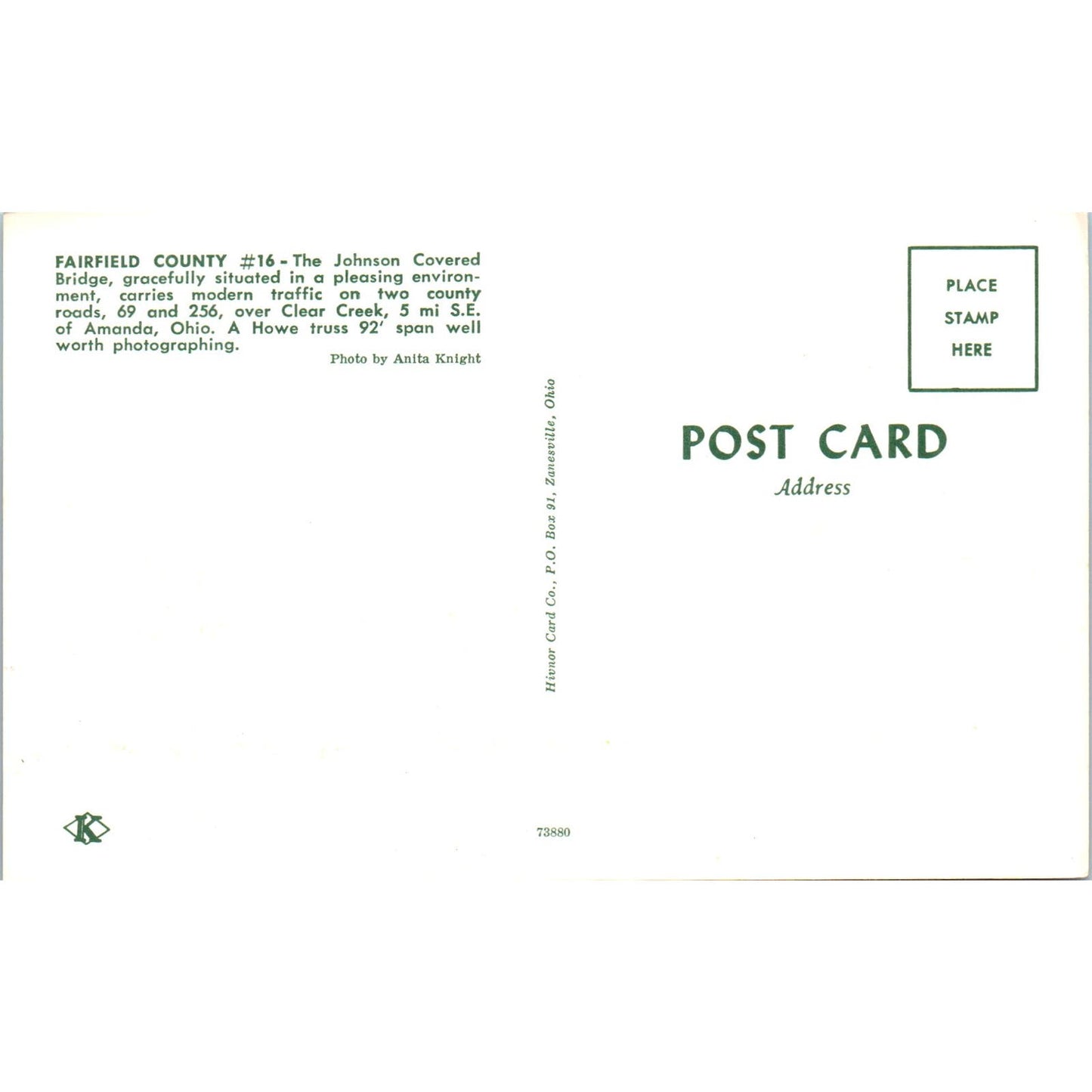 Johnson Covered Bridge Fairfield County #16 Amanda OH Clear Creek Postcard PB11