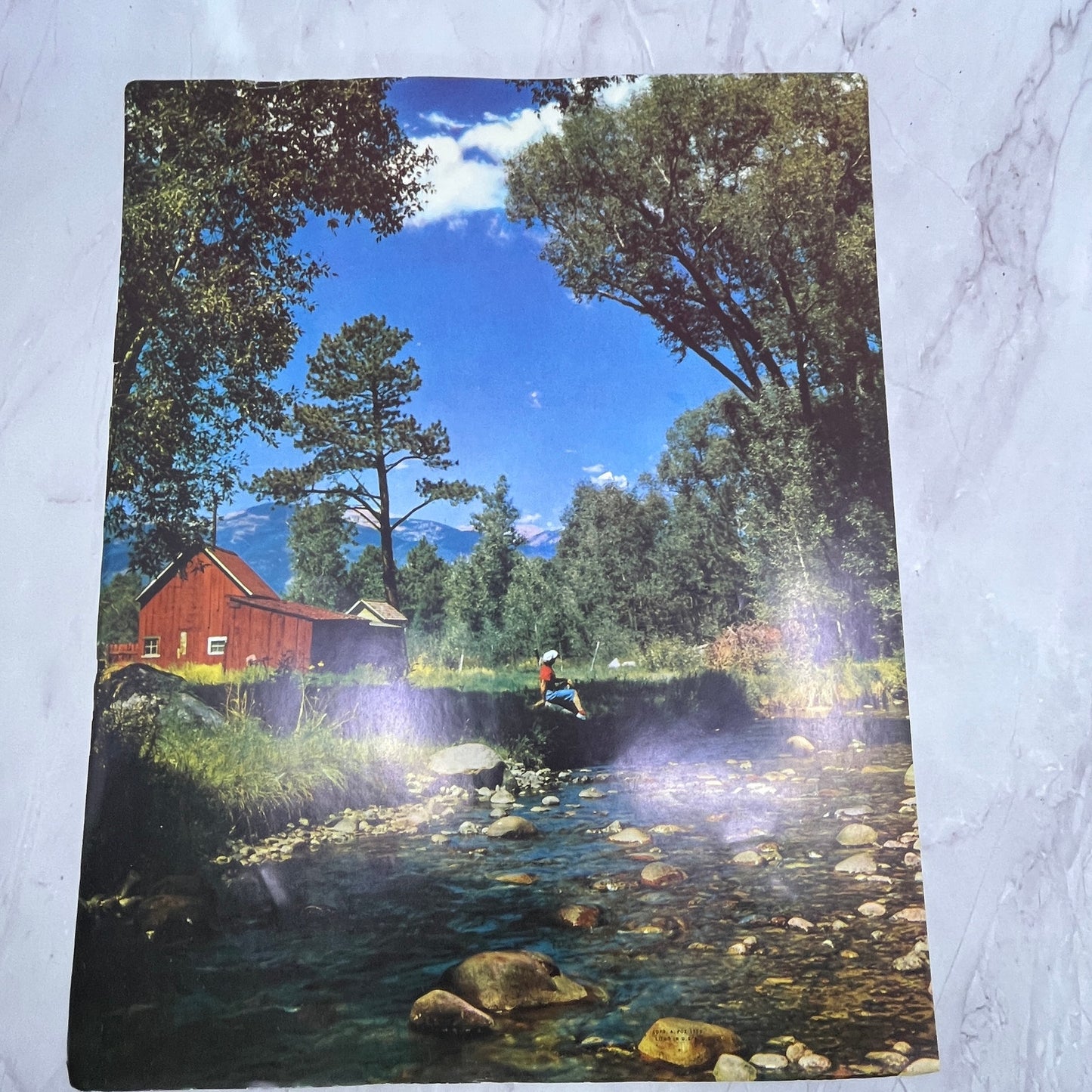 Retro Kitsch Lady Fishing Red Barn Stream Scene Vintage 11x14" Art Print V21