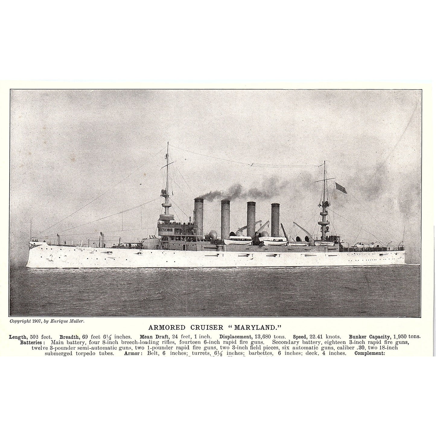 Armored Cruiser North Carolina & Maryland Double Sided 1910 Print AF6-19