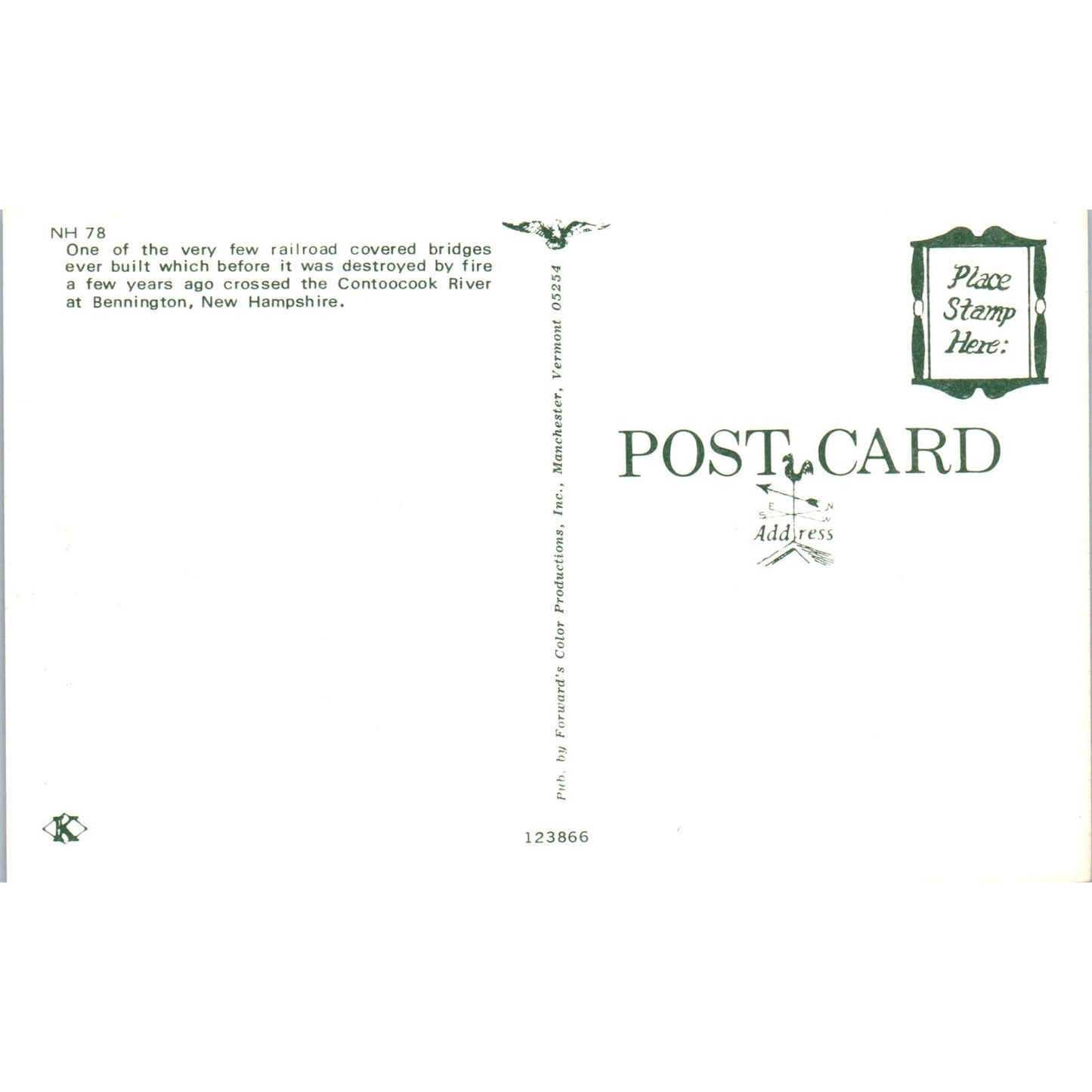 Bennington New Hampshire NH 78 Railroad Covered Bridge Postcard PB13