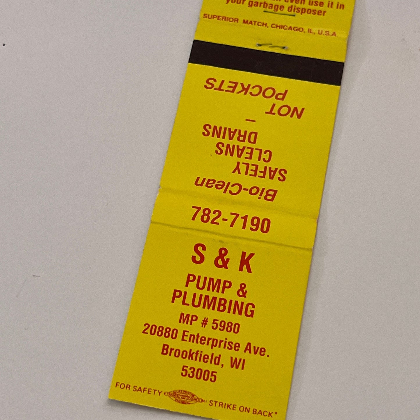 S&L Pump & Plumbing Brookfield WI Vintage Matchbook Cover TB6-MB2-2